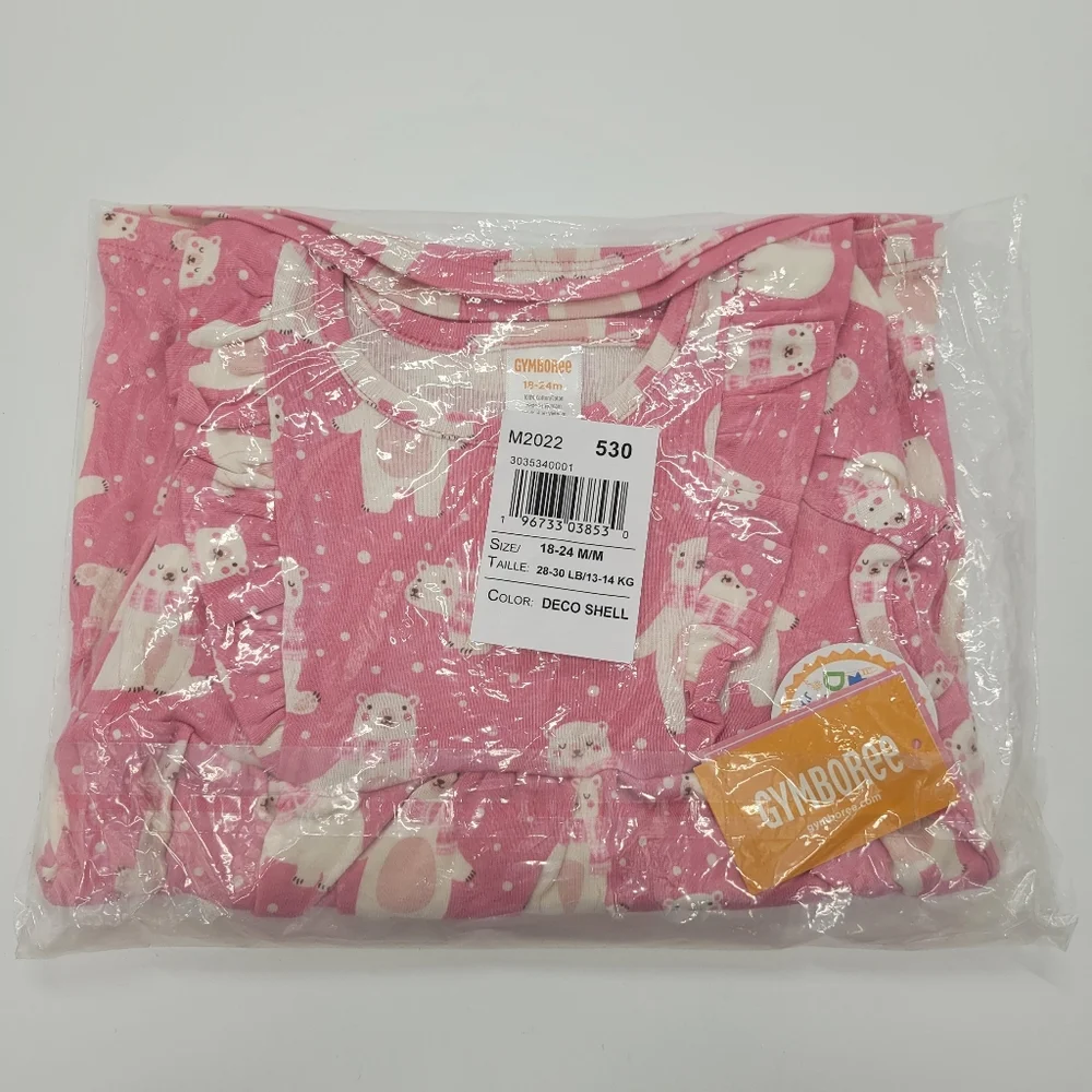 Gymboree Dress Pink Bear Print Long Sleeve Ruffle Stretch Cotton Sz 18-24mo NEW